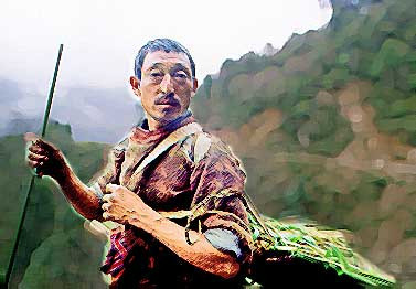 Bhutanese Farmer with Pole