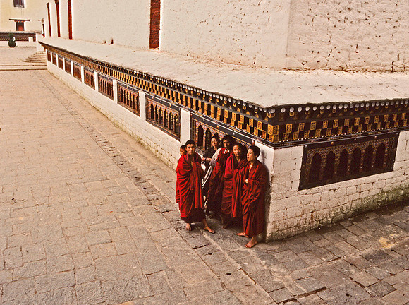 A Cluster of Young Lamas Gather at the Thimpu Dzong
